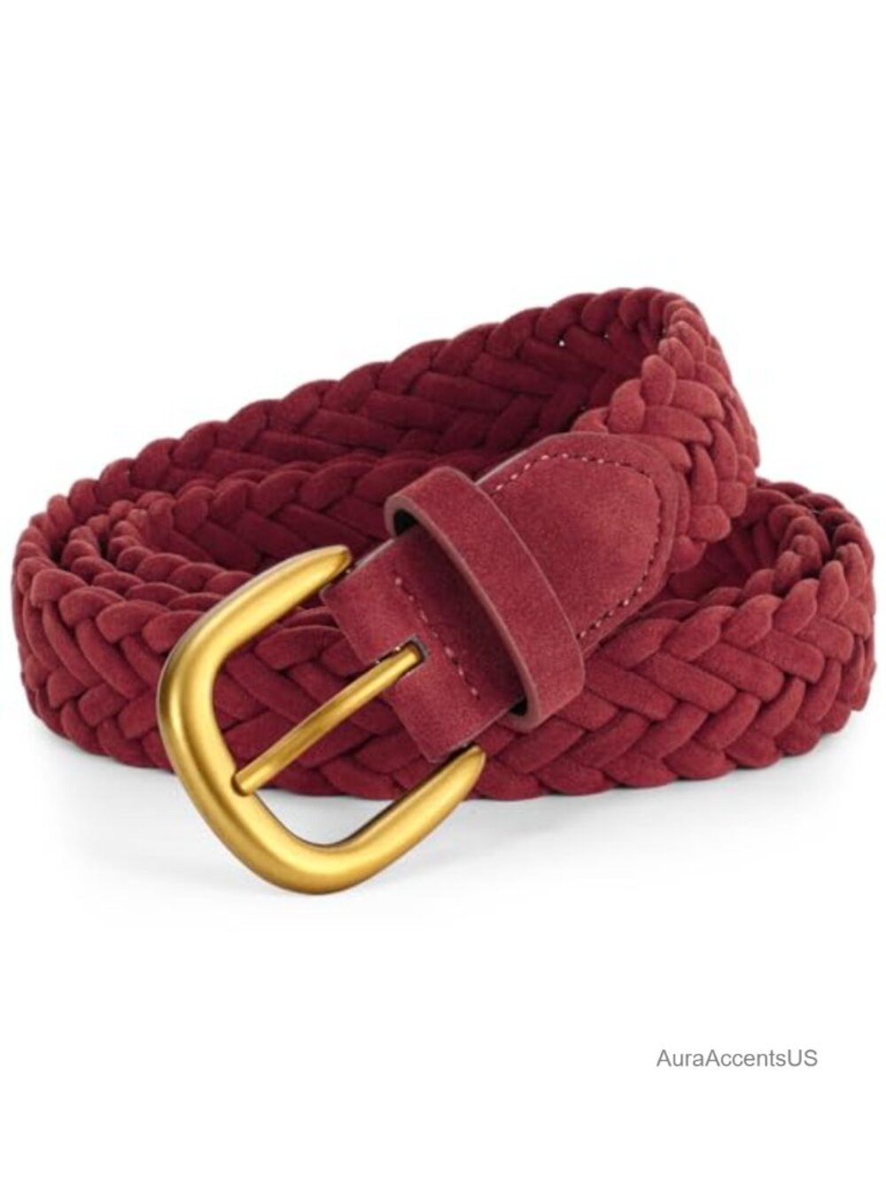 Braided Suede Leather Belt, No-Hole Woven Waist Belt, Adjustable, Gold Buckle,
